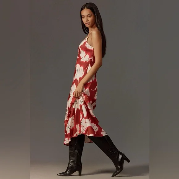 NWT Anthropologie Red and White Sleeveless V-Neck Slip Midi Dress, Size Medium - Picture 2 of 8